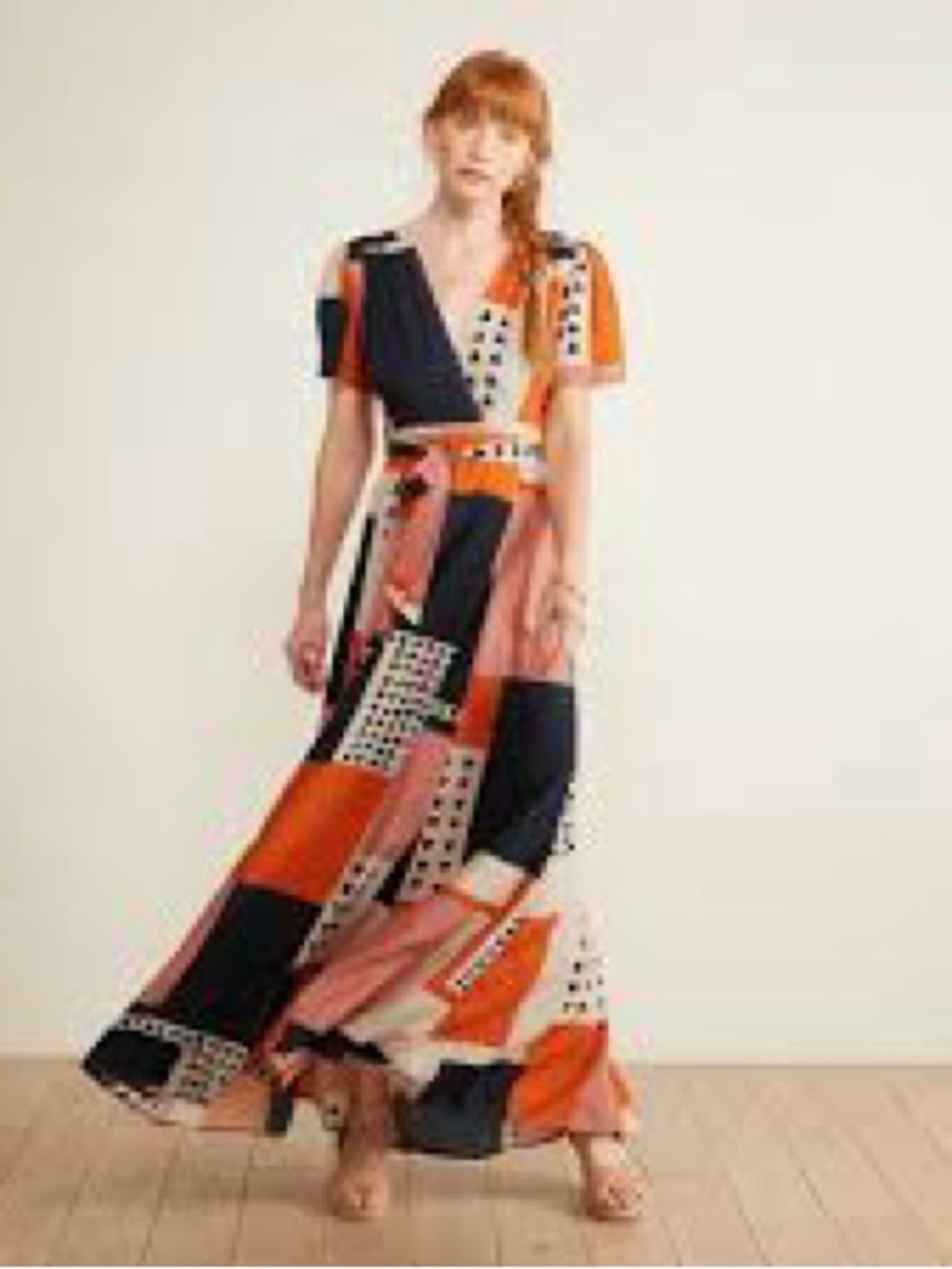 The Odell’s Geometric Block Wrap Maxi Dress in Orange & Navy